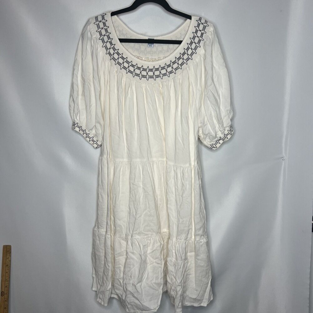 Women's Old Navy Size 2X Puff-Sleeve Embroidered Smocked Mini Swing Dress Creme